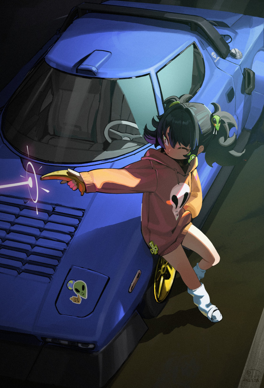 1girl, absurdres, alien_print, banana, bangs, black_hair, closed_mouth, dated, energy_beam, food, fruit, green_hair, ground_vehicle, hair_between_eyes, hair_ornament, hand_in_pocket, highres, holding, holding_food, holding_fruit, hood, hoodie, laser, leaning_on_object, leg_warmers, long_sleeves, motor_vehicle, multicolored_hair, one_eye_closed, orange_hoodie, original, purple_hair, signature, solo, symbol-only_commentary, twintails, waterkuma, white_legwear