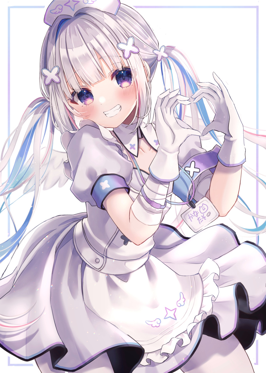 1girl, absurdres, amane_kanata, angel, apron, bangs, blunt_bangs, blush, botamochi_(botabutasan), cowboy_shot, detached_collar, dress, gloves, grey_hair, grin, hair_ornament, hairclip, hat, heart, heart_hands, highres, hololive, id_card, long_hair, looking_at_viewer, nurse, nurse_cap, official_alternate_costume, pantyhose, puffy_short_sleeves, puffy_sleeves, short_sleeves, sidelocks, smile, solo, twintails, violet_eyes, virtual_youtuber, waist_apron, white_apron, white_dress, white_gloves, white_legwear