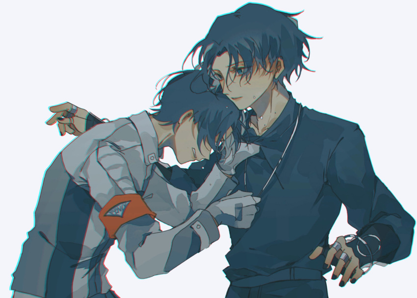 2boys, aqua_eyes, armband, black_hair, black_nails, black_shirt, bracelet, crying