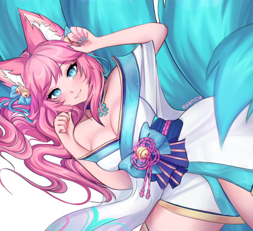 1girl, ahri_(league_of_legends), animal_ear_fluff, animal_ears, artist_name, bare_shoulders, bell, blue-eyes_white_dragon
