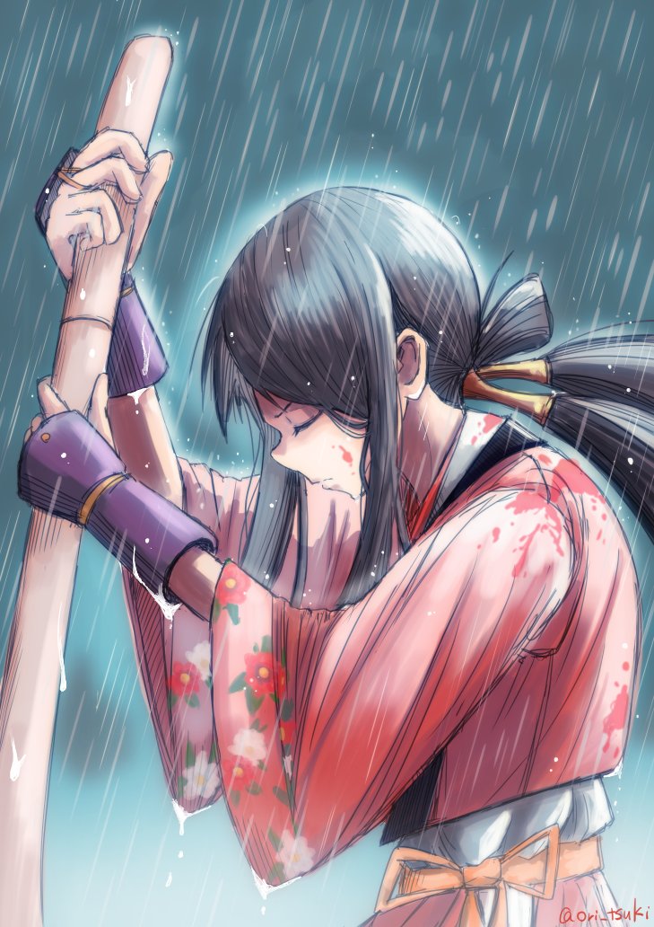 1girl, armguards, bakumatsu_rouman, bakumatsu_rouman_dainimaku, black_hair, closed_eyes, from_side, japanese_clothes