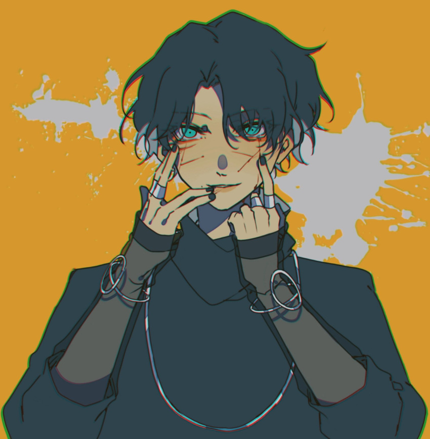 1boy, aqua_eyes, bishounen, black_hair, black_nails, black_shirt, blood, bracelet
