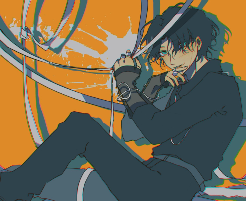 1boy, aqua_eyes, bishounen, black_nails, black_pants, black_shirt, blood, bracelet