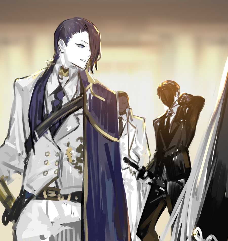 3boys, arm_behind_head, astolfo_(project_moon), black_necktie, black_suit, cape, closed_eyes, formal, hair_over_one_eye, library_of_ruina, mask, multiple_boys, necktie, nishikujic, olivier_(library_of_ruina), out_of_frame, project_moon, purple_hair, roland_(library_of_ruina), scabbard, sheath, sheathed, shoulder_cape, suit, violet_eyes, white_suit