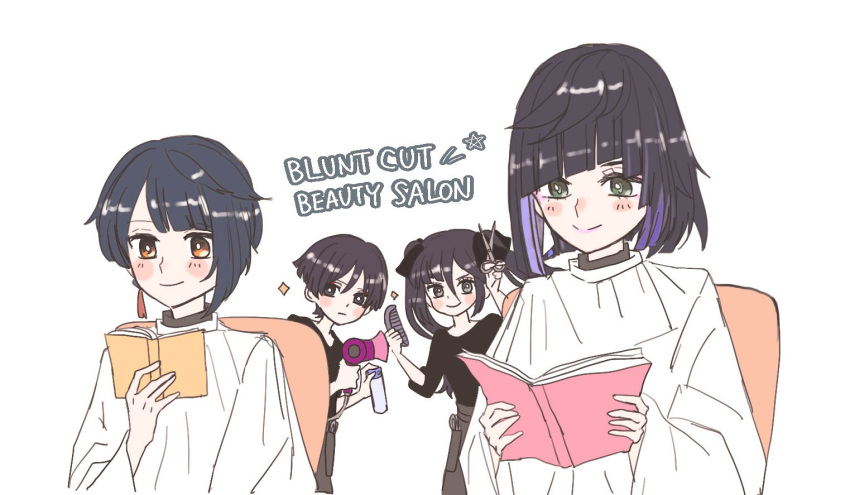 2boys, 2girls, asymmetrical_hair, bangs, blunt_bangs, blush, book, bottle, comb, dark_blue_hair, earrings, english_text, genshin_impact, green_eyes, hair_dryer, hairstyle_connection, holding, holding_book, holding_bottle, holding_comb, holding_hair_dryer, holding_scissors, jewelry, mitama_mora, mona_(genshin_impact), multicolored_hair, multiple_boys, multiple_girls, reading, scaramouche_(genshin_impact), scissors, simple_background, single_earring, smile, sparkle, two-tone_hair, two_side_up, white_background, xingqiu_(genshin_impact), yelan_(genshin_impact), yellow_eyes
