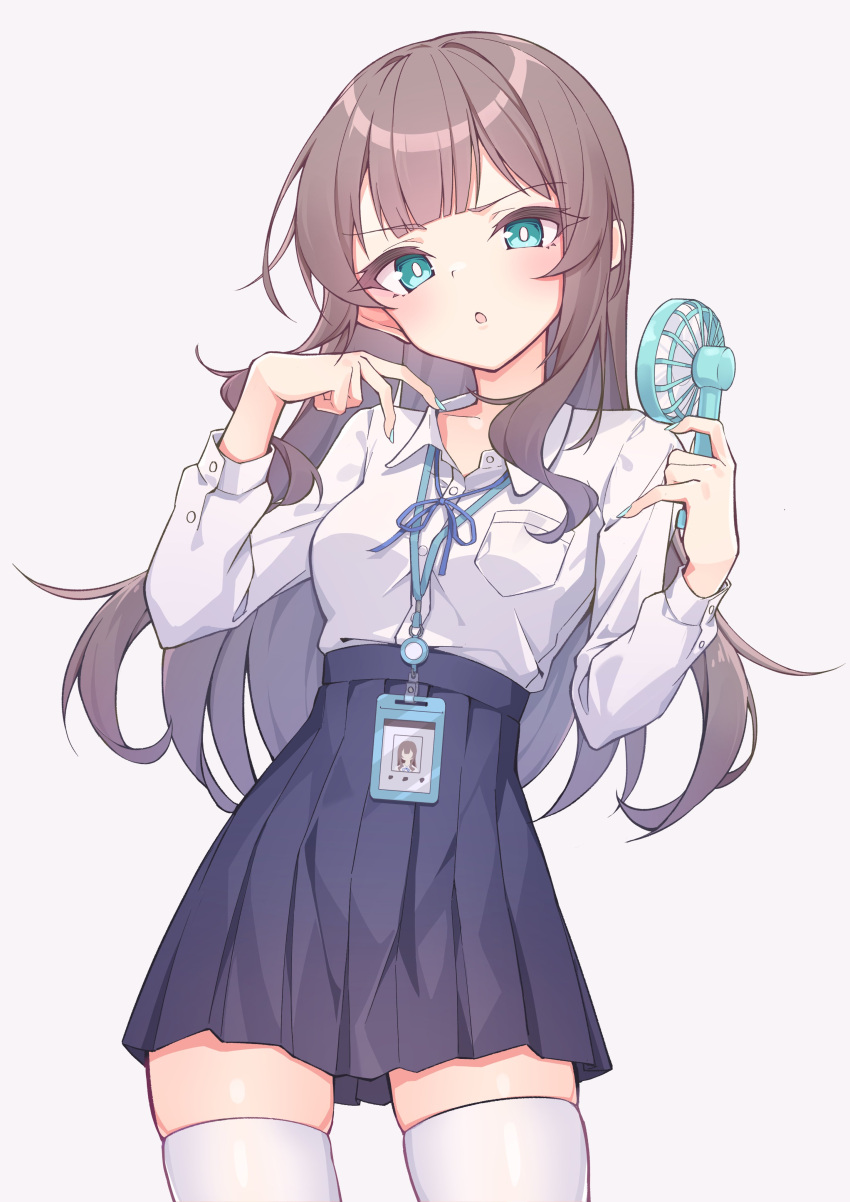 1girl, :o, absurdres, aqua_eyes, bangs, blue_ribbon, blue_skirt, blunt_bangs