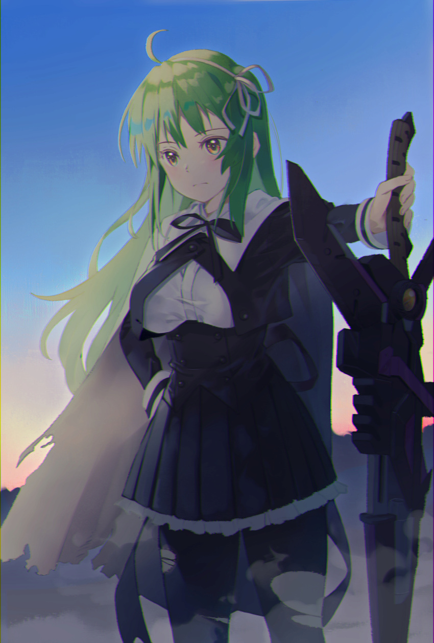 1girl, a.k.a.zkin, ahoge, assault_lily, bangs, black_cape, black_legwear, black_ribbon, black_skirt, blue_sky, bow_hairband, breasts, buttons, cape, chromatic_aberration, closed_mouth, commentary, cowboy_shot, cropped_jacket, dust, evening, expressionless, eyebrows_visible_through_hair, fingernails, frilled_skirt, frills, green_hair, hair_ribbon, hairband, hand_on_hilt, hand_on_hip, hand_up, highres, juliet_sleeves, long_hair, long_sleeves, looking_away, medium_breasts, miniskirt, neck_ribbon, outdoors, outstretched_arm, pantyhose, pleated_skirt, puffy_sleeves, ribbon, school_uniform, shirt, skirt, sky, solo, standing, sword, tanaka_ichi, torn_cape, torn_clothes, torn_legwear, underbust, weapon, white_hairband, white_ribbon, white_shirt, yellow_eyes, yurigaoka_girls_academy_school_uniform