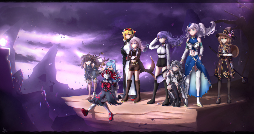 6+girls, absurdres, airani_iofifteen, anya_melfissa, axe, ayunda_risu, bandages, barefoot, blonde_hair, blue_hair, boots, bow, brown_hair, cliff, coat, crossed_arms, gloves, goggles, goggles_on_head, grey_hair, hand_on_hip, hands_on_own_knees, hat, highres, hololive, hololive_indonesia, kaela_kovalskia, kobo_kanaeru, kureiji_ollie, leaning_forward, local_catto, long_hair, midriff, minecraft, moona_hoshinova, multiple_girls, patchwork_skin, pavolia_reine, pink_hair, purple_hair, redhead, shorts, single_thighhigh, sitting, squatting, squirrel_tail, staff, storm, tail, the_end_(minecraft), thigh-highs, thigh_boots, vestia_zeta, virtual_youtuber, wind, witch_hat