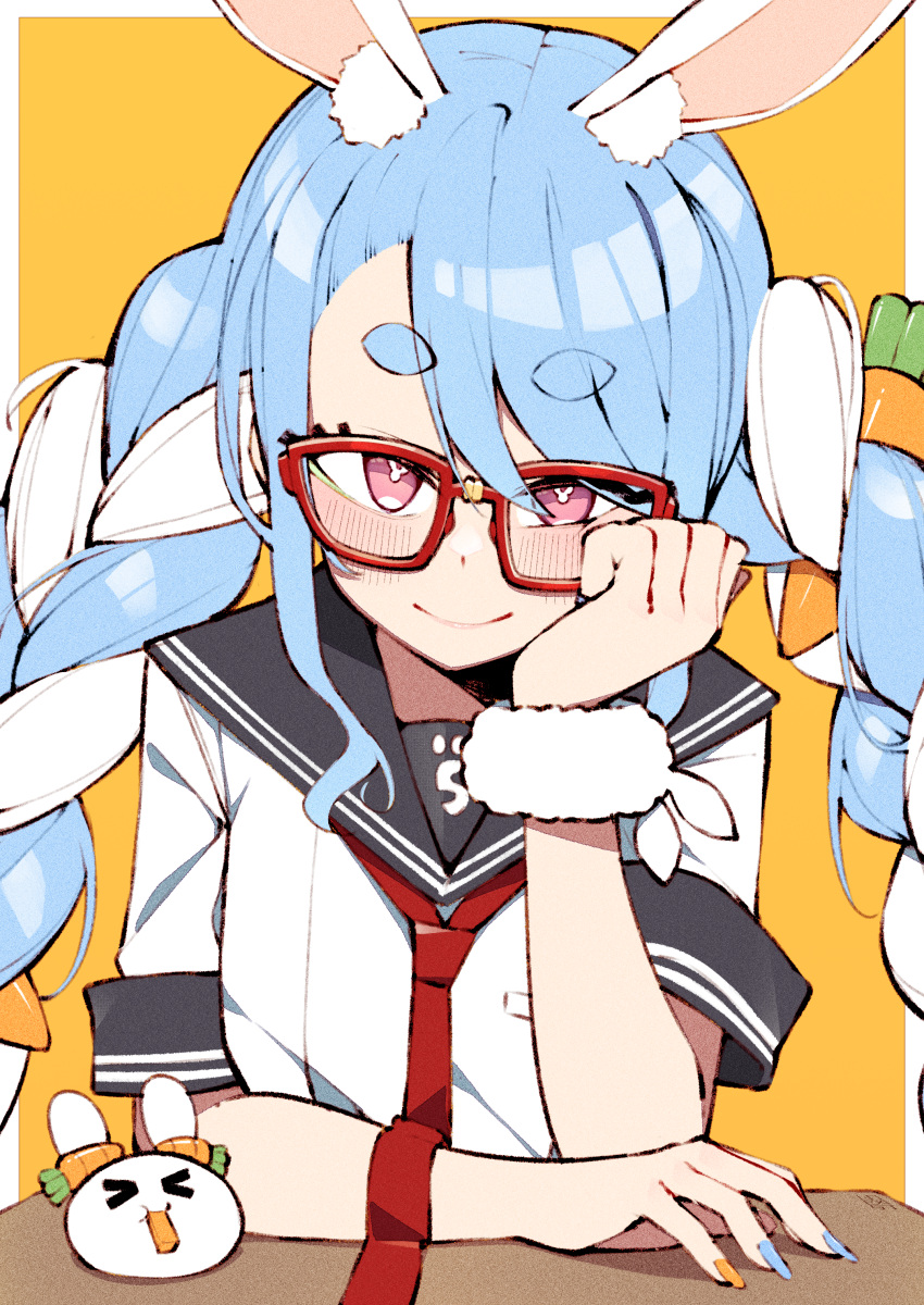 1girl, absurdres, alternate_costume, animal_ears, blue_hair, blue_nails, blush, braid