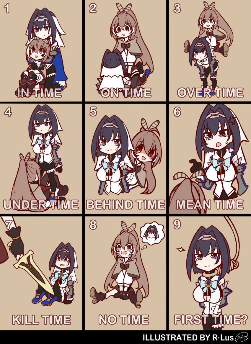 ahoge, bangs, blue_eyes, blue_hair, blush, brown_eyes, brown_hair, eyebrows_visible_through_hair, feather_hair_ornament, feathers, gloves, hair_intakes, hair_ornament, highres, holocouncil, hololive, hololive_english, long_hair, meme, multicolored_hair, multiple_girls, nanashi_mumei, ouro_kronii, ponytail, rlus, shirt, short_hair, smile, streaked_hair, very_long_hair, virtual_youtuber, white_shirt