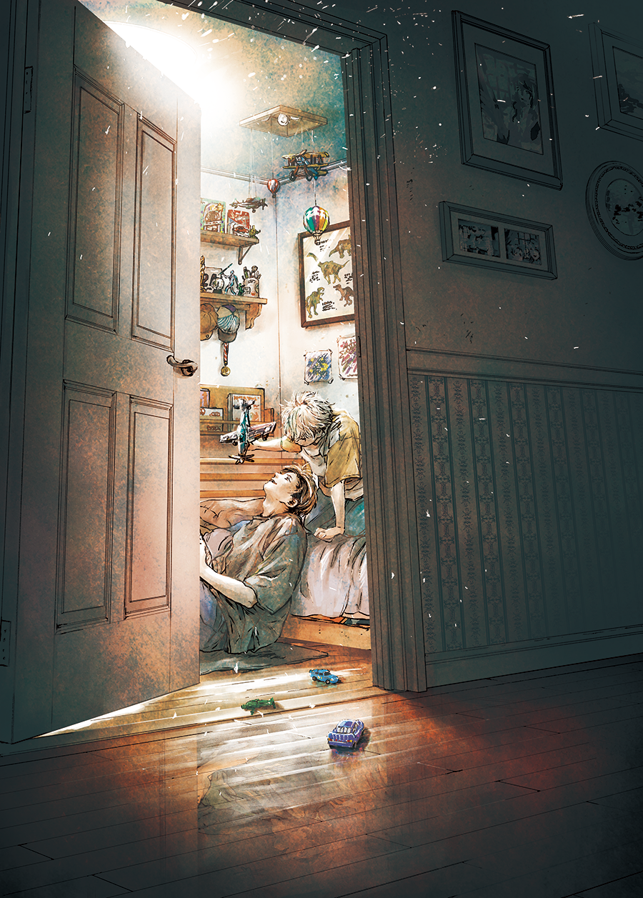 2boys, brown_hair, commentary, door, doorway, figure, highres, indoors