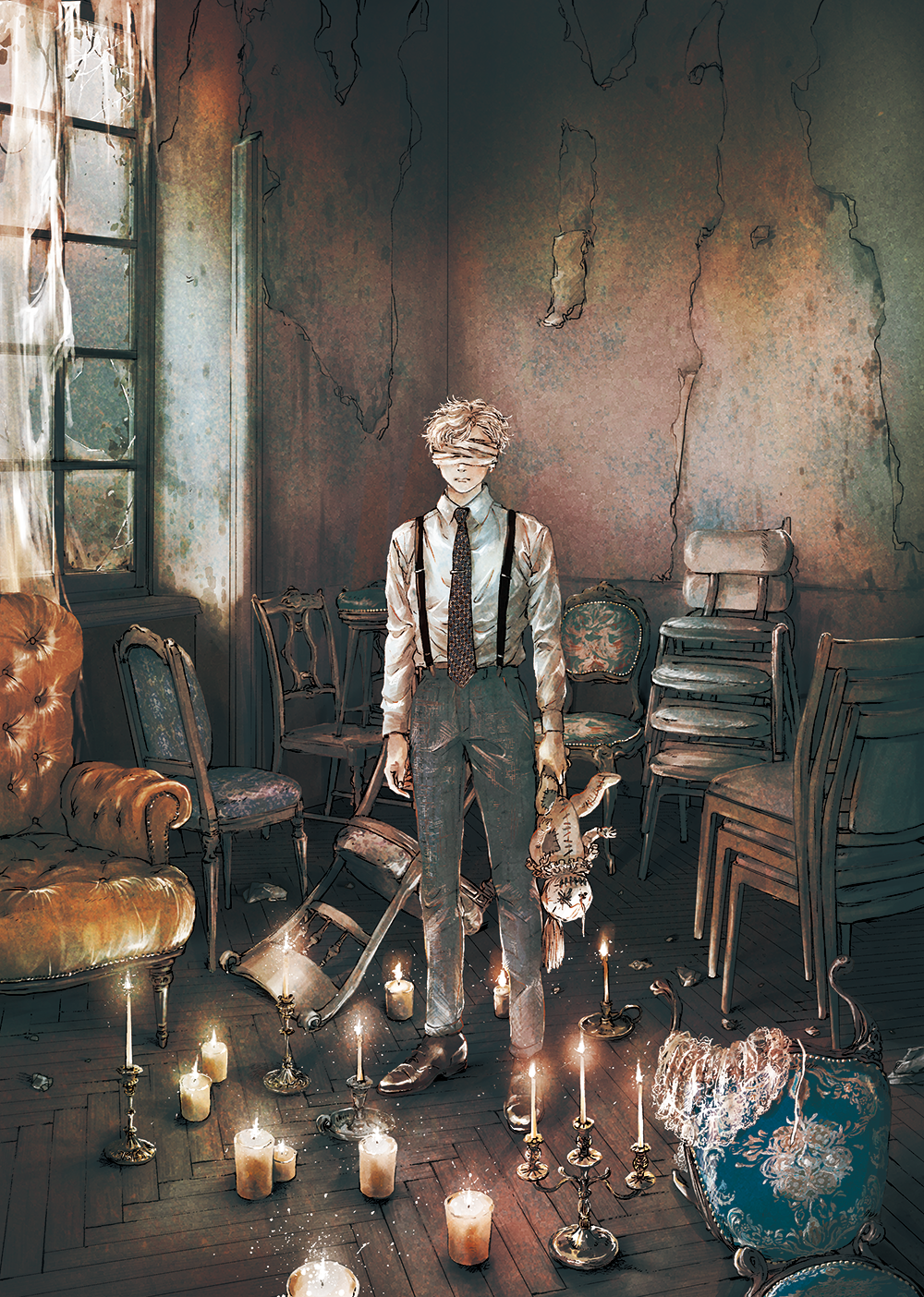 1boy, armchair, bandages, black_footwear, blindfold, candle, candlelight, candlestand