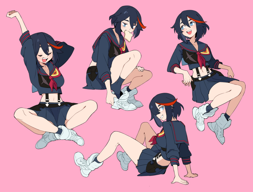 1girl, arm_behind_head, arm_support, arms_up, azuumori, bangs, black_hair, blue_eyes