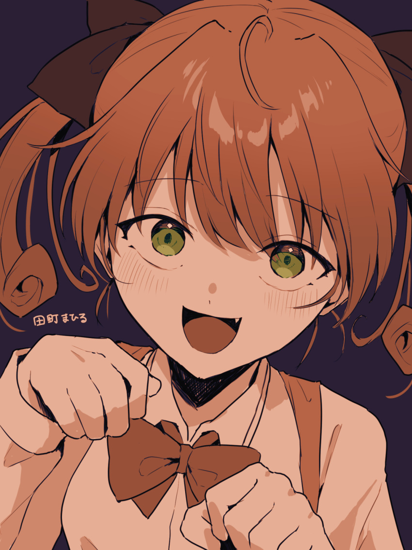1girl, :d, blue_background, brown_hair, brown_ribbon, character_name, collared_shirt, esko_kyoya, fang, green_eyes, hands_up, highres, neck_ribbon, no_sclera, open_mouth, ribbon, sayonara_wo_oshiete, school_uniform, shirt, sleeve_cuffs, smile, solo, tamachi_mahiru, twintails, white_shirt