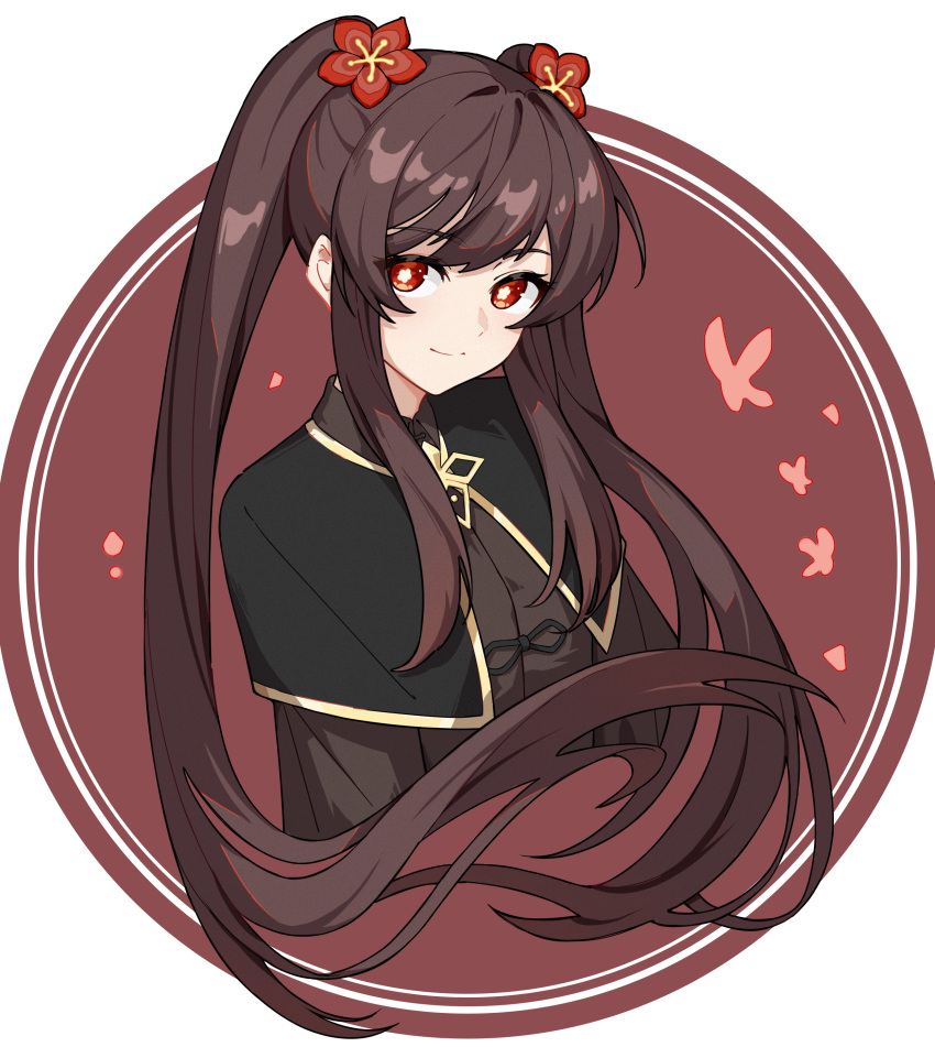 1girl, absurdres, black_capelet, brown_hair, capelet, chinese_clothes, cropped_torso, flower, genshin_impact, hair_flower, hair_ornament, highres, hu_tao_(genshin_impact), long_hair, man_ge, red_eyes, sidelocks, smile, symbol-shaped_pupils, twintails, very_long_hair