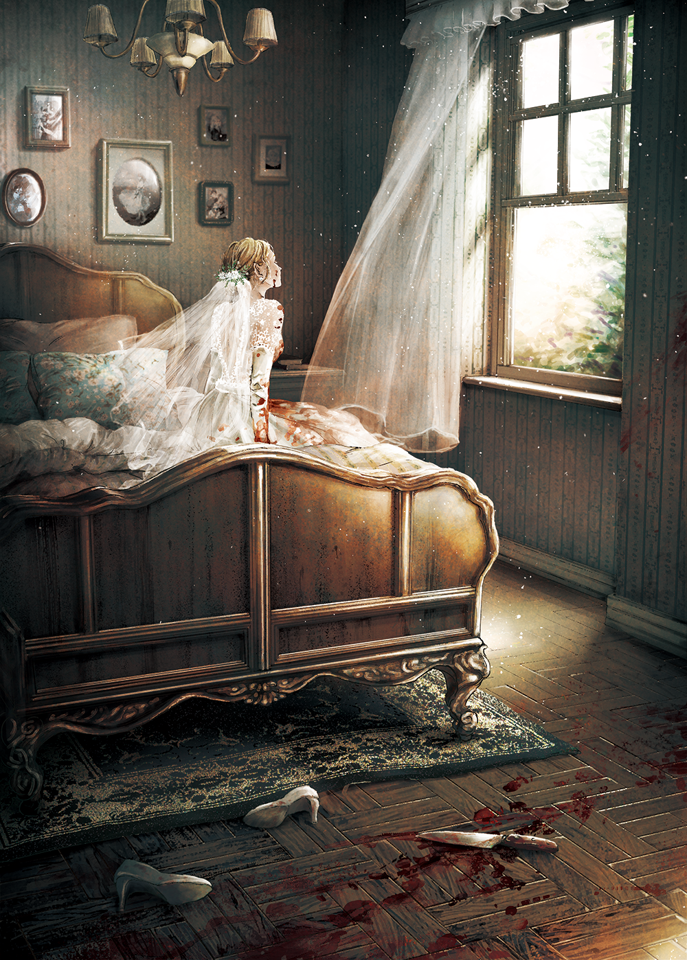 1girl, bed, blanket, blonde_hair, blood, blood_on_clothes, blood_on_dress, blood_on_face