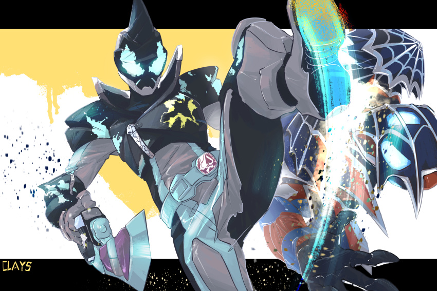 2boys, absurdres, armor, bat, bat_genome, black_armor, blue_armor, blue_eyes