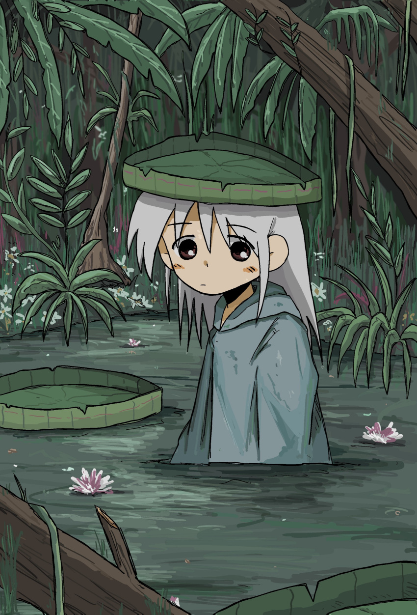 1girl, absurdres, brown_eyes, flower, highres, jungle, kishimen_udn, lily_pad, lily_pad_on_head, long_hair, nature, original, outdoors, partially_submerged, solo, tree, wading, water, white_hair
