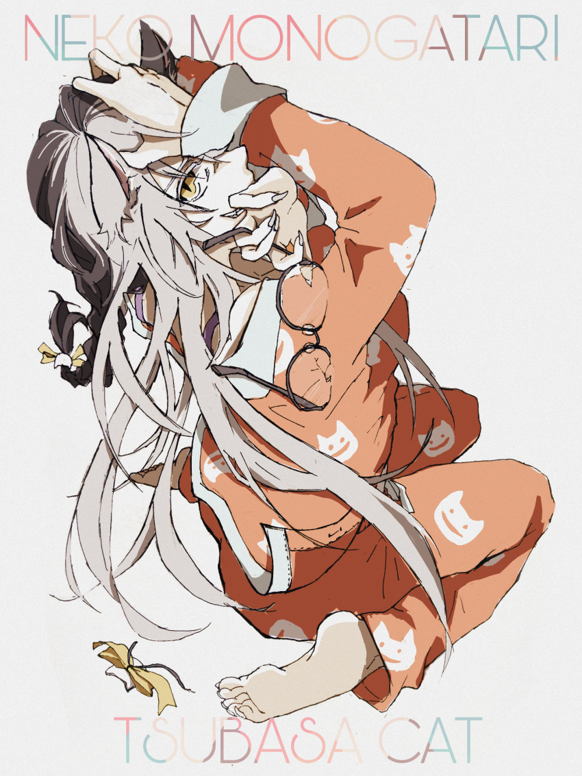 1girl, animal_ears, bakeneko, barefoot, black_hanekawa, cat_ears, cat_girl, claws