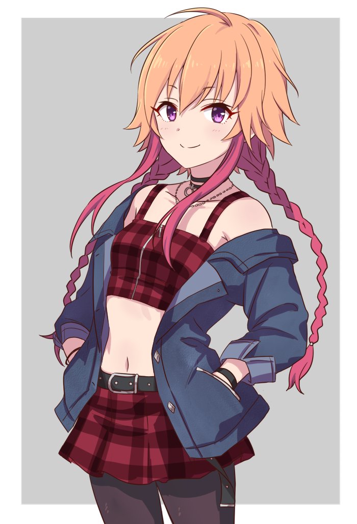 2_nostg, ahoge, belted_skirt, black_legwear, blue_jacket, braid, breasts, checkered_clothes
