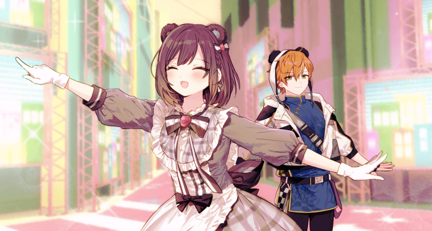 1boy, 1girl, :d, ^_^, animal_ears, back_bow, bangs, bear_ears