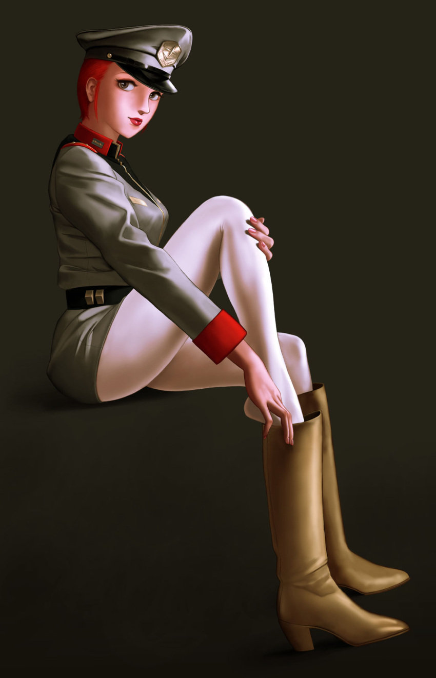 brown_eyes, gundam, hat, highres, leg_hold, legs, lips, lipstick