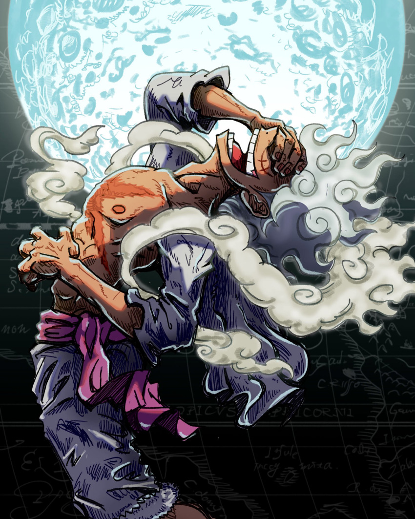 1boy, alternate_form, arched_back, black_background, clouds, full_moon, gear_fifth, hand_on_own_stomach