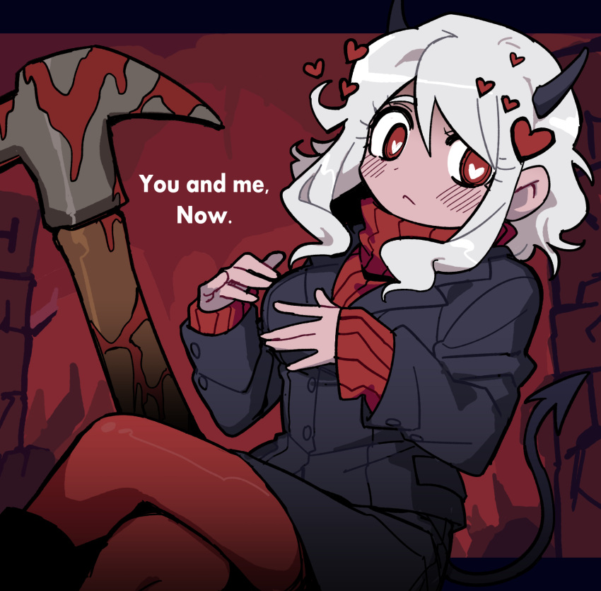 :<, black_jacket, black_skirt, blood, blood_on_weapon, blush, closed_mouth, commentary