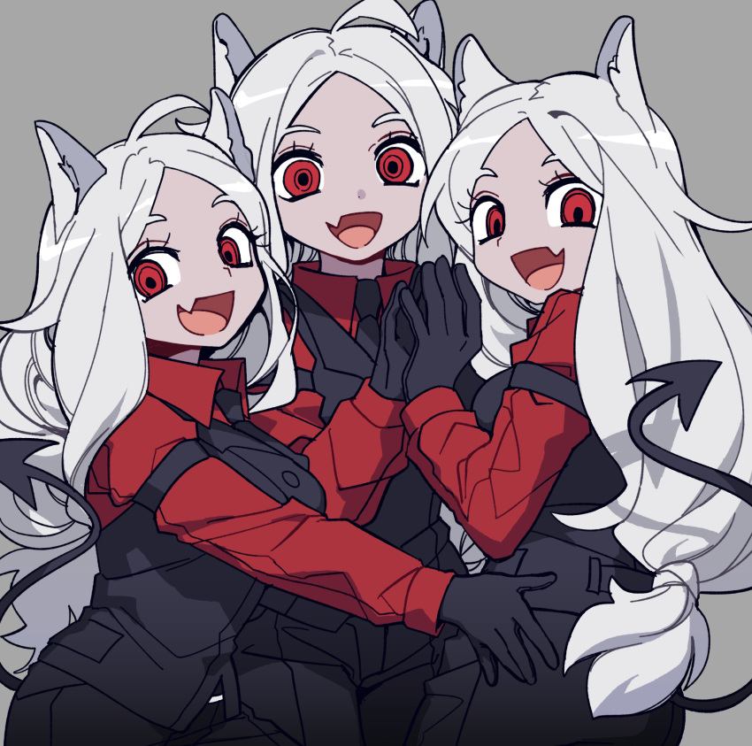 3girls, :d, ahoge, animal_ears, arm_strap, black_gloves, black_necktie, black_pants