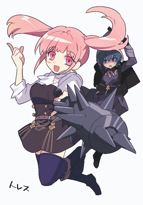 1boy, 1girl, :d, ascot, belt, black_cape, black_footwear, blue_hair