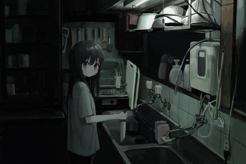 1girl, black_hair, blue_eyes, commentary, cupboard, cutting_board, dark, dishrack