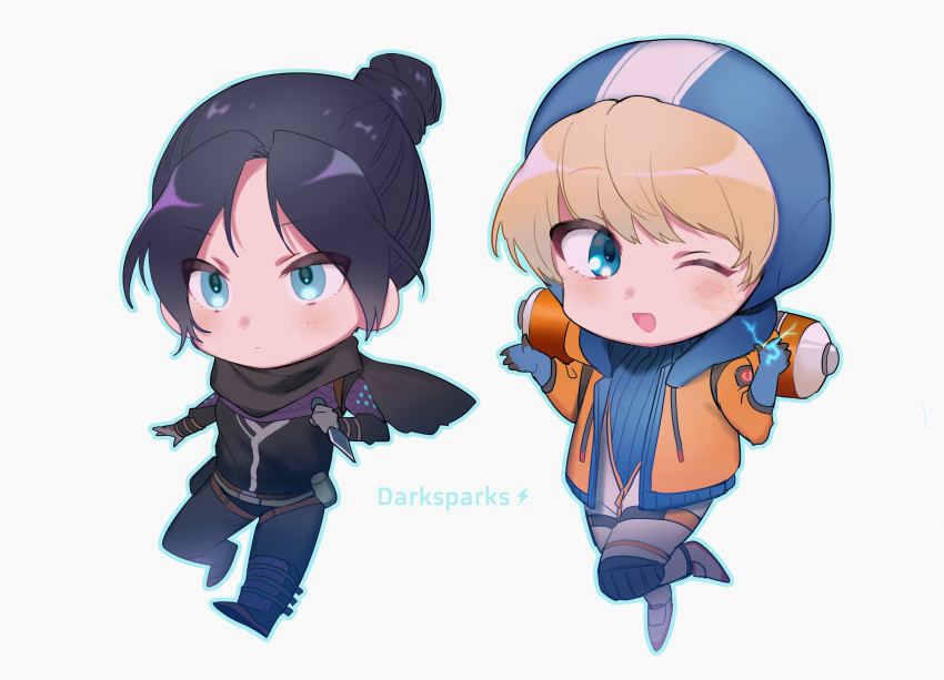 2girls, apex_legends, bangs, black_hair, black_scarf, blonde_hair, blue_bodysuit, blue_eyes