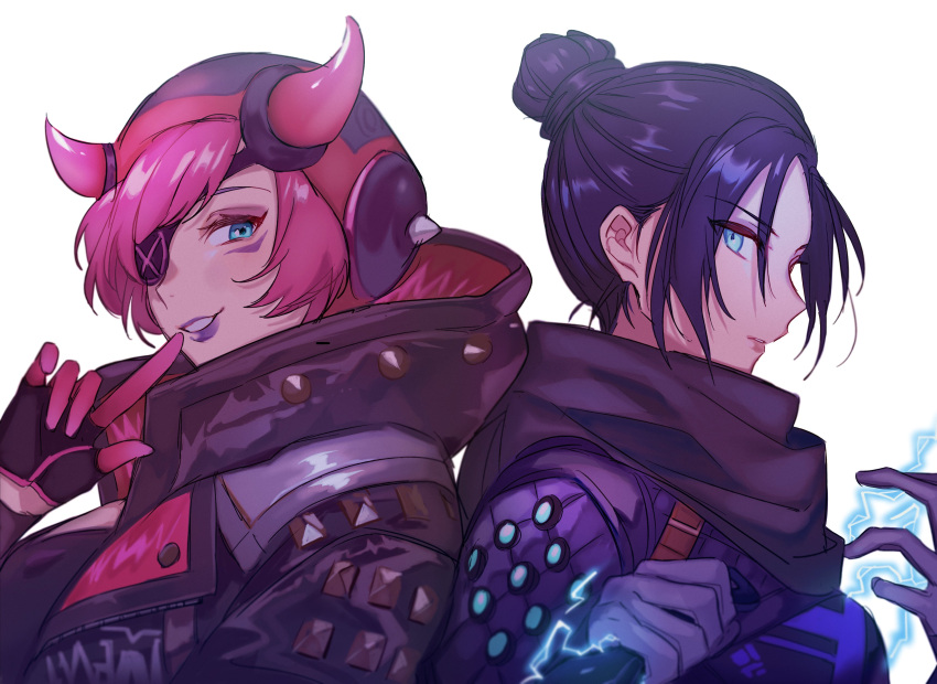 2girls, absurdres, apex_legends, back-to-back, bangs, black_gloves, black_hair, black_jacket