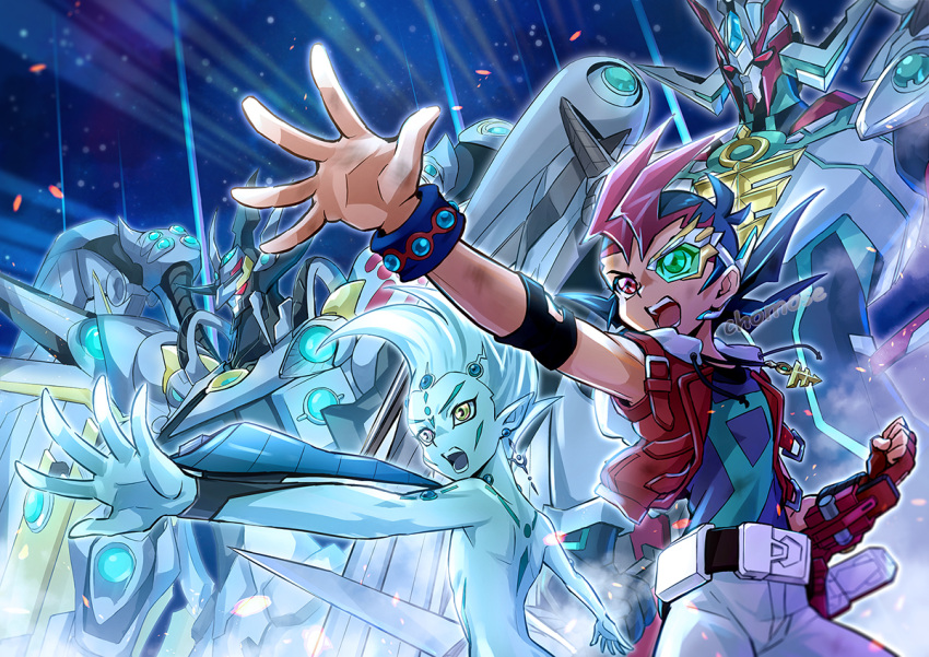 2boys, alien, armor, astral_(yu-gi-oh!), astral_(yuu-gi-ou_zexal), belt, black_hair, bracelet