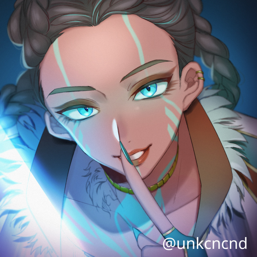 1girl, apex_legends, blue_eyes, blue_gloves, braid, brown_hair, collarbone, facepaint, finger_to_mouth, fingerless_gloves, gloves, hair_behind_ear, head_tilt, highres, loba_(apex_legends), looking_at_viewer, official_alternate_costume, pack_hunter_loba, parted_lips, portrait, shushing, smile, solo, twin_braids, twitter_username, unkcncnd