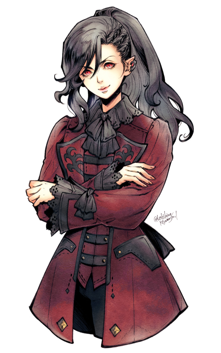1girl, bangs, black_hair, cropped_legs, crossed_arms, earrings, elezen, elf