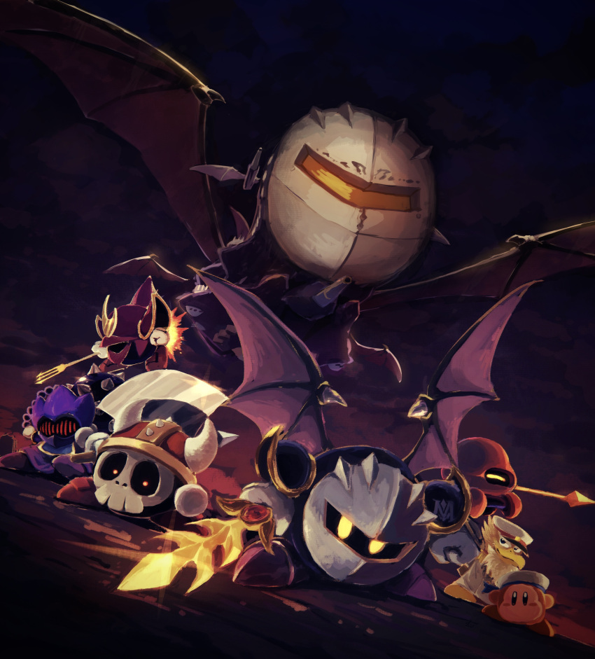 absurdres, aircraft, airship, armor, axe, axe_knight_(kirby), bat_wings, captain_vul