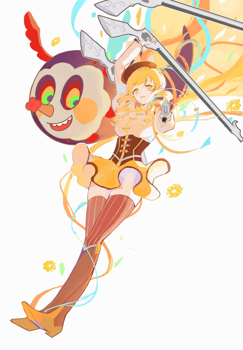 1girl, absurdres, aiming_at_viewer, arm_up, bangs, beret, blonde_hair, boots