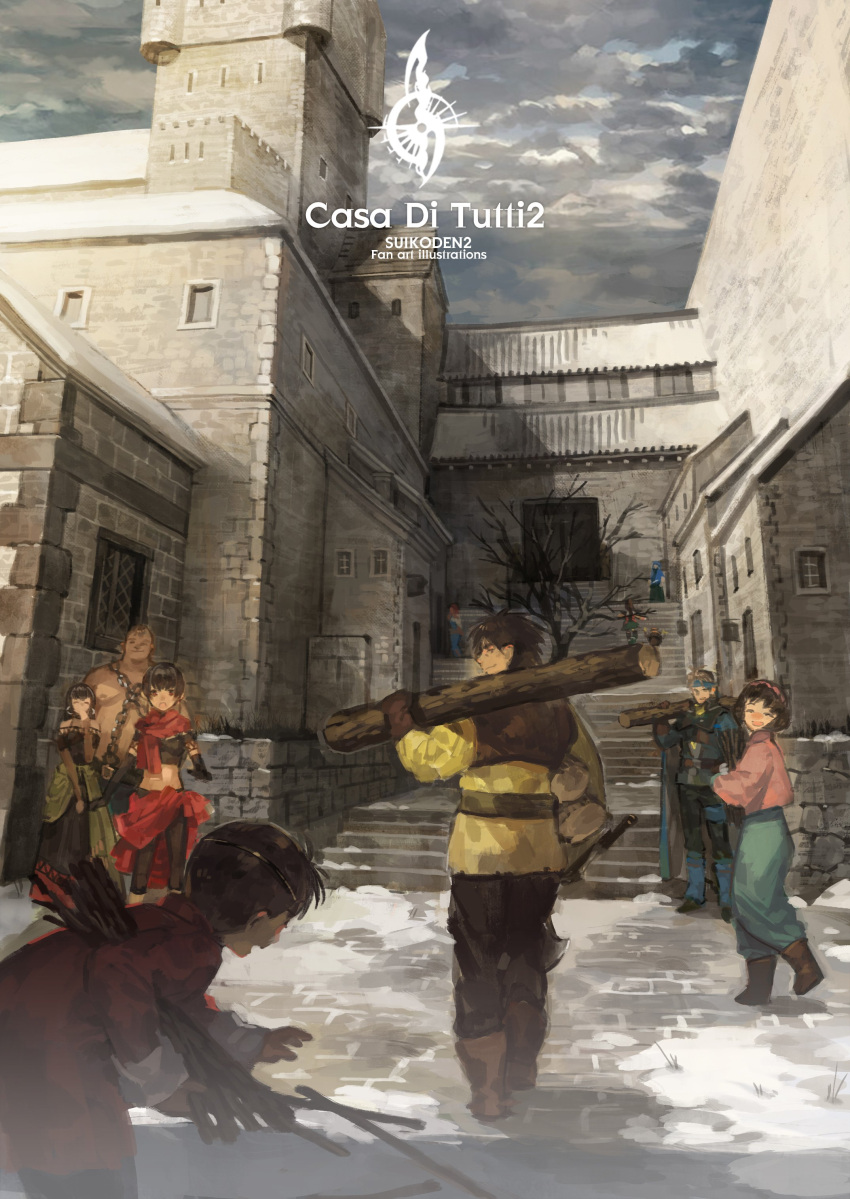 3girls, 4boys, ^_^, absurdres, bare_shoulders, bare_tree, black_dress, black_gloves, black_hair, black_pants, blonde_hair, blue_cape, bob_cut, bolgan_(suikoden), boots, branch, brown_footwear, brown_hair, building, cape, carrying_over_shoulder, chain, character_request, child, circlet, closed_eyes, crop_top, dress, dropping, eilie_(gensou_suikoden), elbow_gloves, english_text, flik_(gensou_suikoden), gensou_suikoden, gensou_suikoden_ii, gloves, highres, laughing, leaning_forward, log, long_sleeves, looking_at_viewer, looking_back, midriff, multiple_boys, multiple_girls, nanami_(suikoden), off-shoulder_dress, off_shoulder, open_mouth, outdoors, overcast, overskirt, pants, pants_tucked_in, reaching, red_robe, red_scarf, red_skirt, rina_(suikoden), running_bond, scarf, short_hair, skirt, sleeves_folded_up, smile, snow, stairs, standing, surprised, topless_male, tree, vest, viktor_(gensou_suikoden), walking, zhuzi