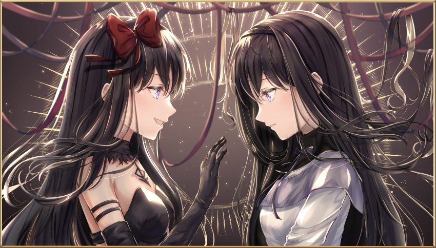 2girls, absurdres, akemi_homura, akuma_homura, arm_at_side, backlighting, bare_shoulders, black_background, black_choker, black_gloves, black_hair, black_hairband, blurry, blurry_background, breasts, capelet, choker, circle, dual_persona, elbow_gloves, expressionless, eye_contact, eyebrows_visible_through_hair, eyelashes, fabric, face-to-face, floating_hair, framed, gloves, grey_capelet, hair_behind_ear, hair_ribbon, hairband, hand_up, high_collar, highres, light_particles, long_hair, long_sleeves, looking_at_another, mahou_shoujo_madoka_magica, mahou_shoujo_madoka_magica_movie, medium_breasts, multiple_girls, neck_ribbon, parted_lips, profile, purple_ribbon, red_ribbon, ribbon, shiny, shiny_hair, shirt, sideboob, simple_background, smile, straight_hair, strapless, ukiukikiwi2525, upper_body, very_long_hair, violet_eyes, white_shirt