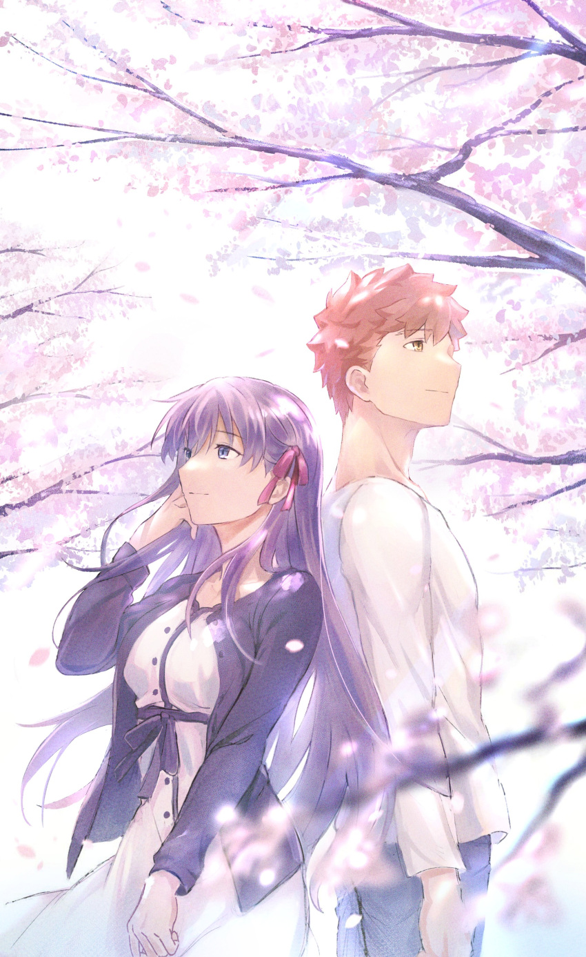 1boy, 1girl, absurdres, blue_eyes, blurry, cherry_blossoms, couple, depth_of_field