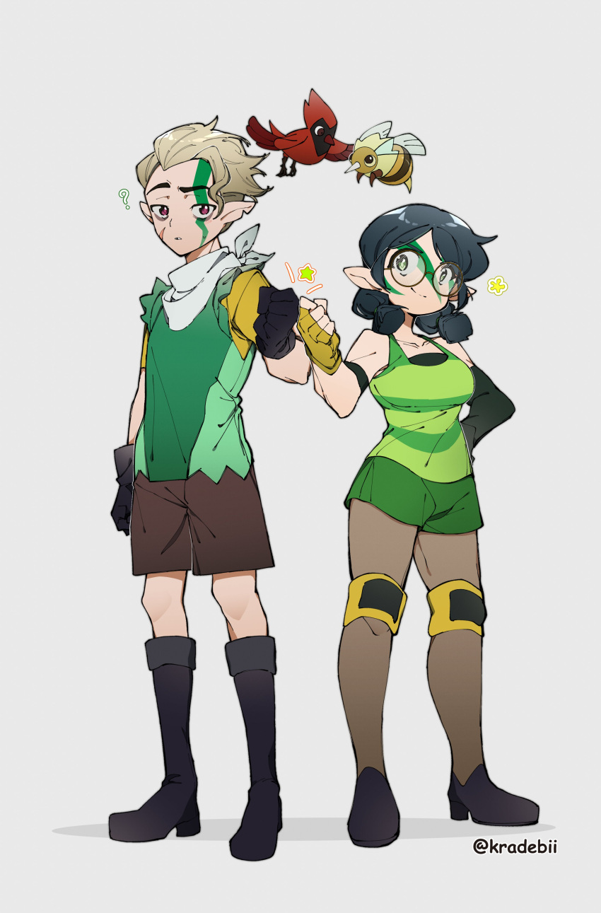 1boy, 1girl, absurdres, bird, black_hair, blonde_hair, boots, clover_(the_owl_house)