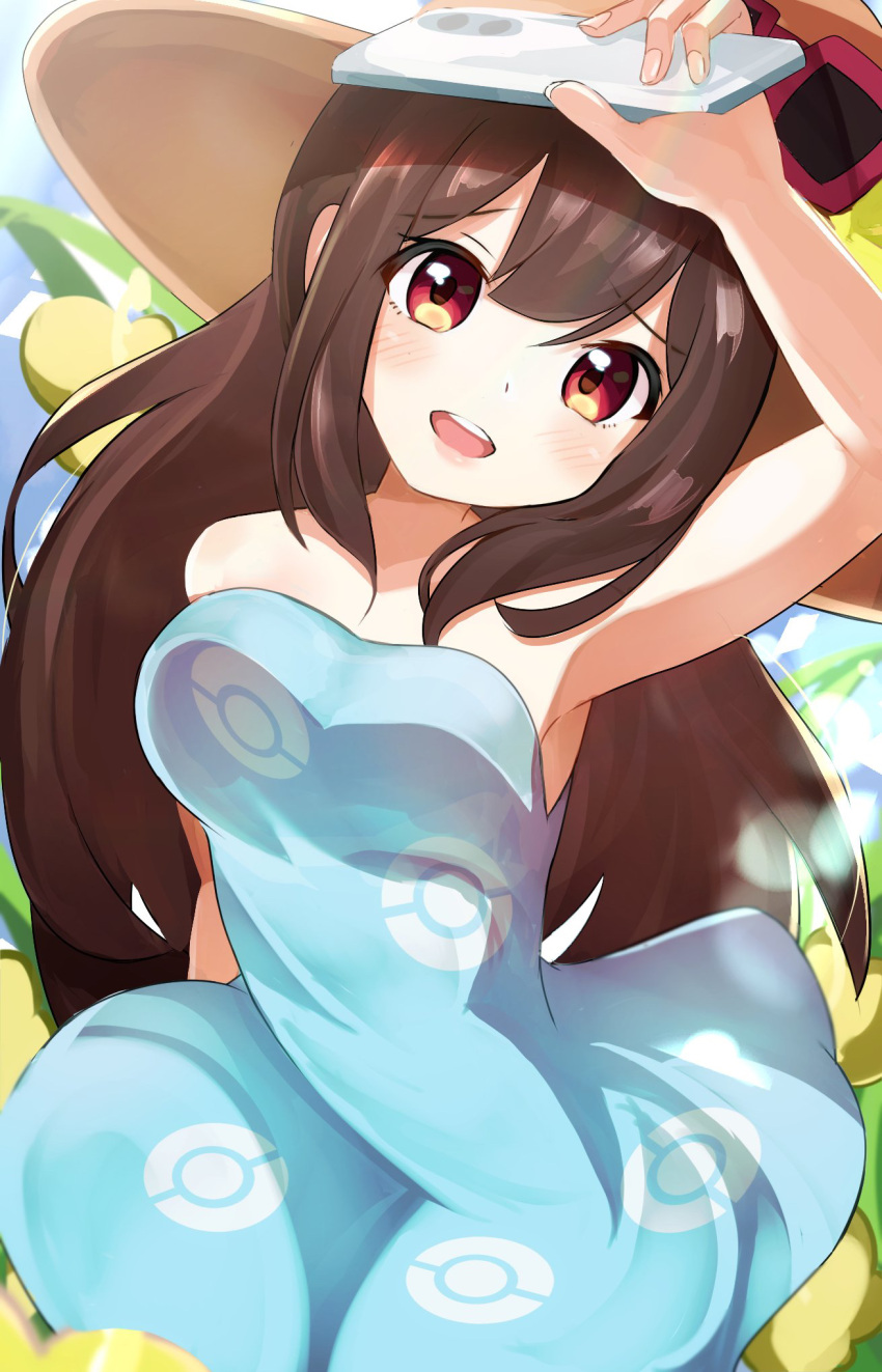 1girl, armpits, bangs, bare_shoulders, blue_dress, blush, brown_eyes, brown_hair