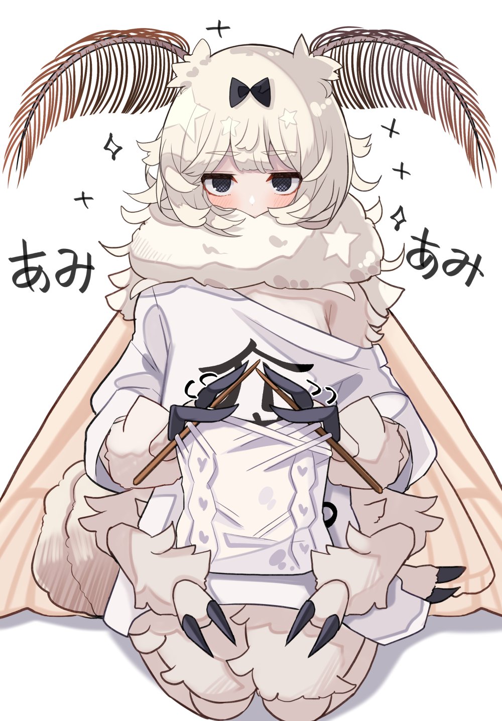 1girl, antennae, arthropod_girl, arthropod_limbs, black_bow, black_eyes, bow, cable_knit