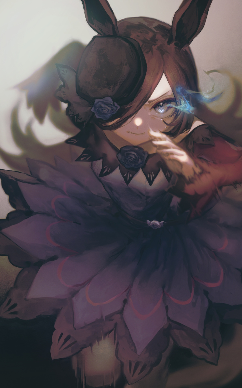 1girl, animal_ears, bare_shoulders, black_dress, black_headwear, blue_flower, blue_rose, brown_hair