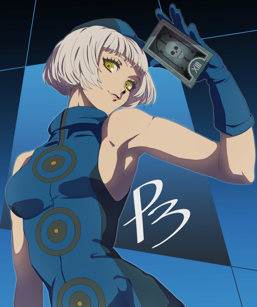 1girl, armpits, bangs, blue_background, blue_dress, blue_gloves, blue_headwear, blunt_bangs