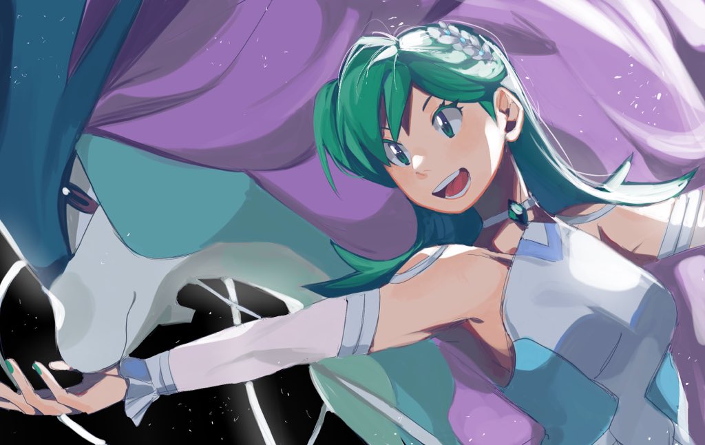 1girl, :d, bangs, black_background, breasts, commentary, detached_sleeves, dress