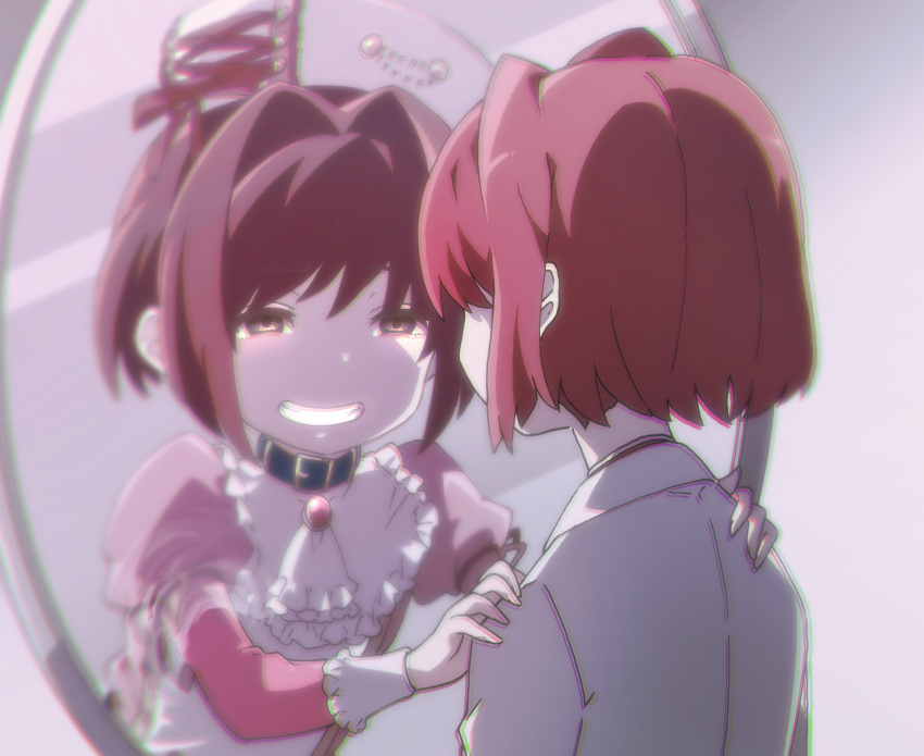 2boys, choker, chromatic_aberration, ciconia_no_naku_koro_ni, dress, dual_persona, empty_eyes, grabbing