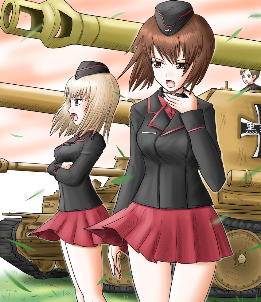 bangs, black_headwear, black_jacket, brown_eyes, brown_hair, commentary, crossed_arms, dress_shirt