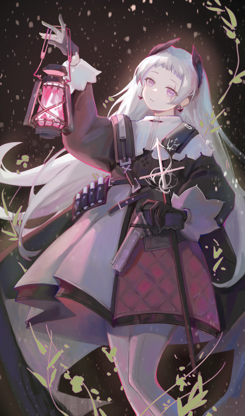 1girl, absurdres, arknights, arm_up, black_gloves, black_jacket, capelet, charcy-tea, closed_mouth, commentary_request, earrings, feet_out_of_frame, gloves, grey_hair, head_tilt, highres, irene_(arknights), jacket, jewelry, long_hair, long_sleeves, looking_at_viewer, pantyhose, pleated_skirt, puffy_long_sleeves, puffy_sleeves, skirt, solo, very_long_hair, violet_eyes, white_capelet, white_legwear, white_skirt